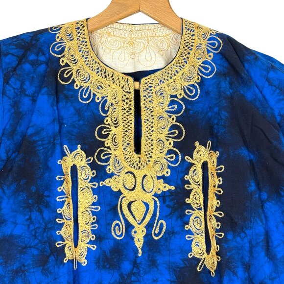 Handmade African Dashiki Shirt Small Blue Batik Tie Dye Gold Embroidered Pockets - Picture 3 of 9